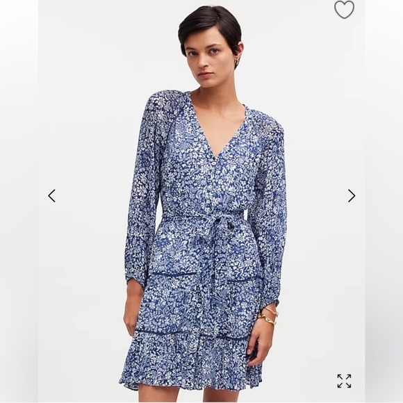 Madewell Tie Waist Long Sleeve Tiered Mini Dress Blue Ditsy Floral Size 00 - Picture 3 of 8